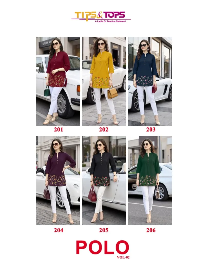 Polo 201 To 206 By Tips And Tops Rayon Embroidery Ladies Top